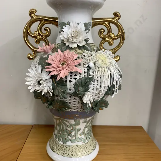 Vintage Reticulated Porcelain Vase White With Gold Gilding & 3d Flowers H39cm (af to flower)