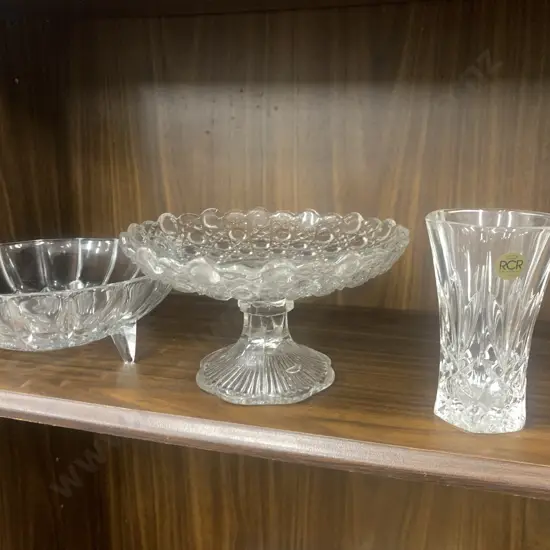 Vintage Crystal Vase, Pedestal Dish & Tri Footed Bowl