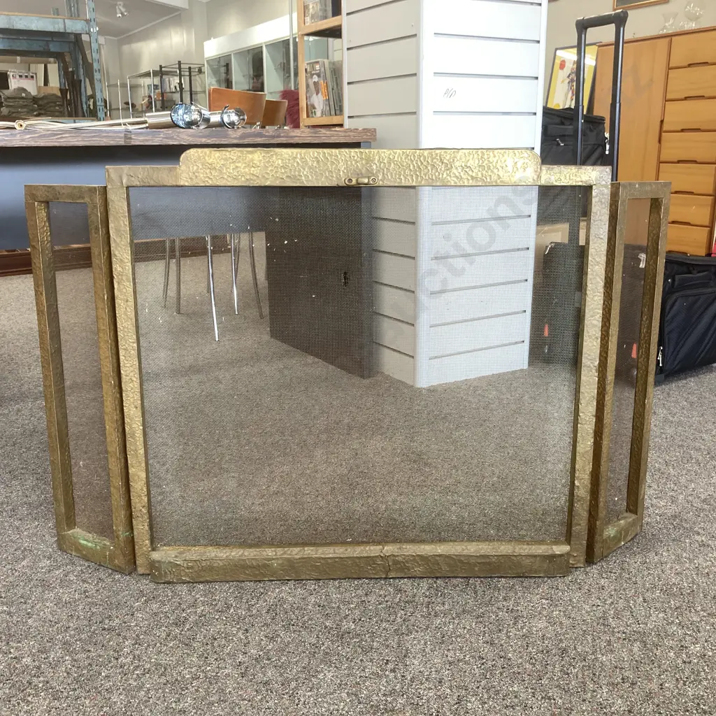 Vintage Brass Fire Screen Embossed Dog & Pups By Stream Scene, 3 Panels, Centre Panel Clips In Place, H70.5cm Image 1++