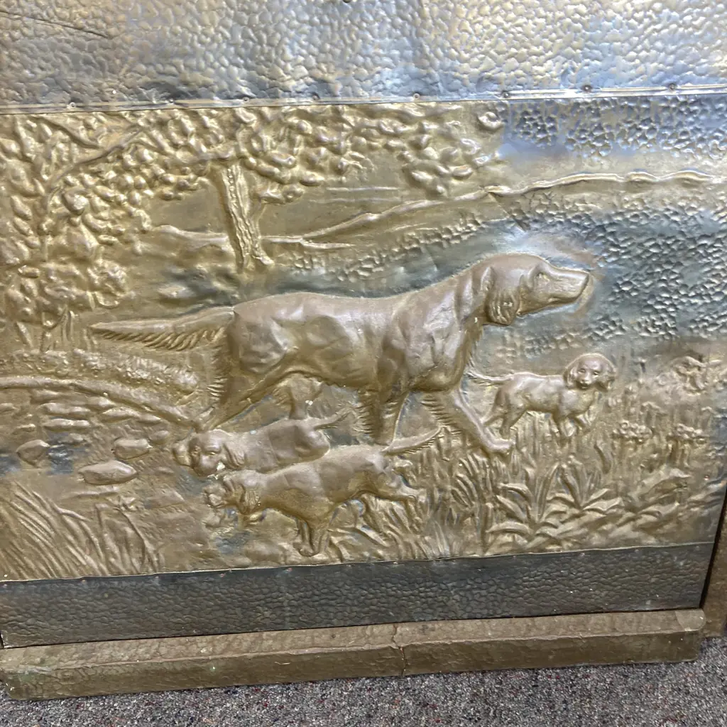 Vintage Brass Fire Screen Embossed Dog & Pups By Stream Scene, 3 Panels, Centre Panel Clips In Place, H70.5cm Image 1++