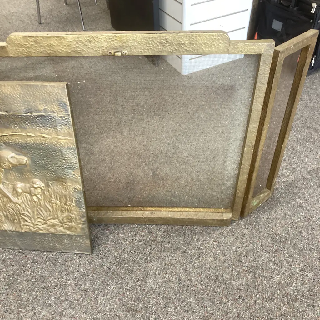 Vintage Brass Fire Screen Embossed Dog & Pups By Stream Scene, 3 Panels, Centre Panel Clips In Place, H70.5cm Image 1++