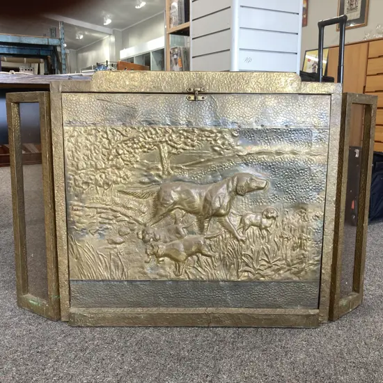 Vintage Brass Fire Screen Embossed Dog & Pups By Stream Scene, 3 Panels, Centre Panel Clips In Place, H70.5cm