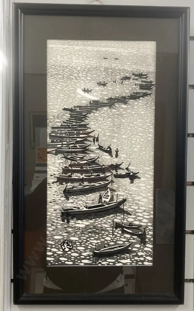 Vintage Framed Artwork Boat Scene, 59 x 35cm Image 1++