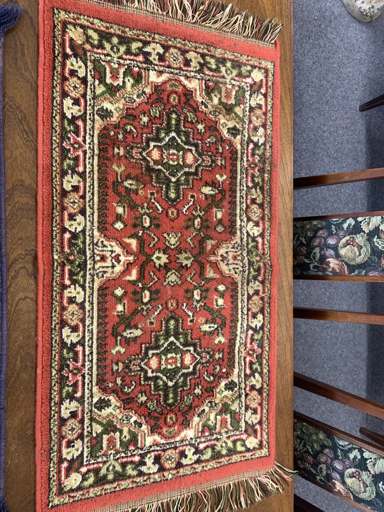 Vintage Floor Rugs 1x Terrocotta/ Green/Cream Tones L105cm,W50cm.1x Navy/Red/Cream L90cm,W34cm (af to edge) Image 1++