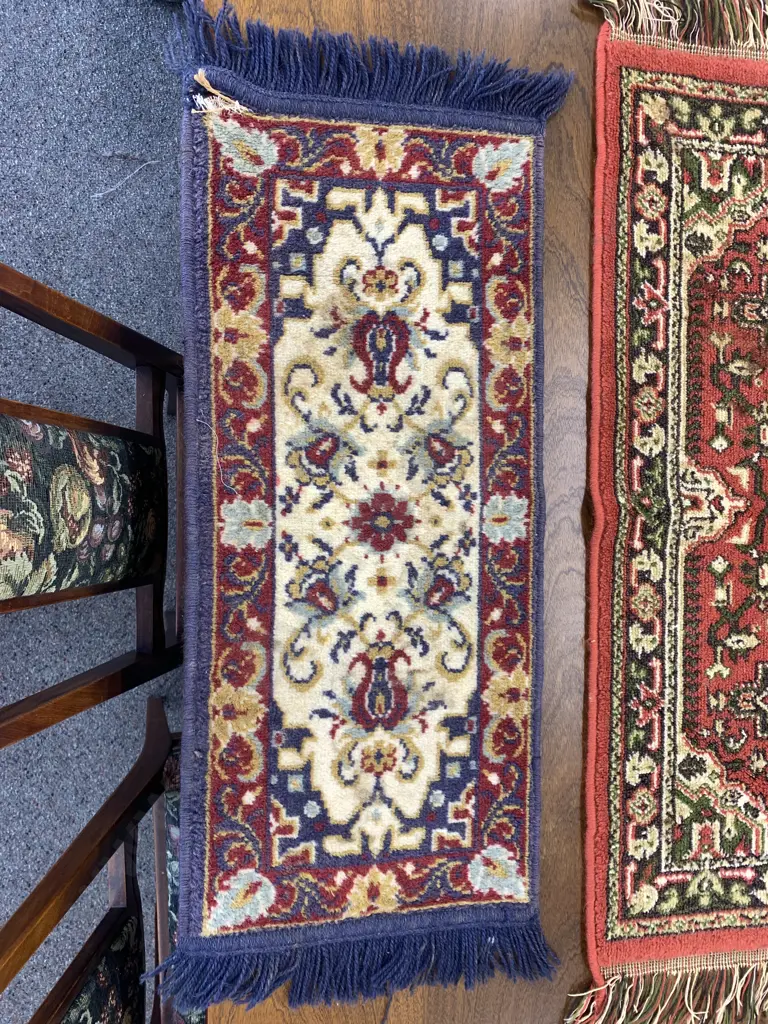 Vintage Floor Rugs 1x Terrocotta/ Green/Cream Tones L105cm,W50cm.1x Navy/Red/Cream L90cm,W34cm (af to edge) Image 1++