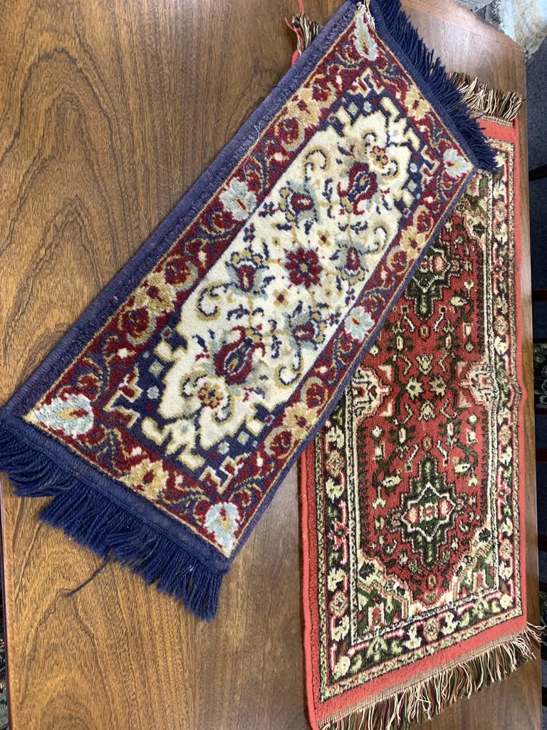 Vintage Floor Rugs 1x Terrocotta/ Green/Cream Tones L105cm,W50cm.1x Navy/Red/Cream L90cm,W34cm (af to edge) Image 1++