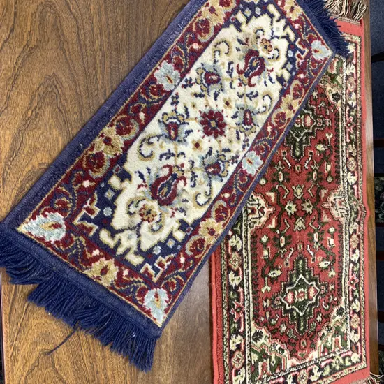 Vintage Floor Rugs 1x Terrocotta/ Green/Cream Tones L105cm,W50cm.1x Navy/Red/Cream L90cm,W34cm (af to edge)