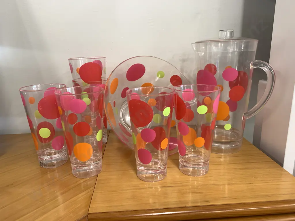 Retro Drinks Set & Salad Bowl Clear With Pink/Orange/Green Spots Image 1++