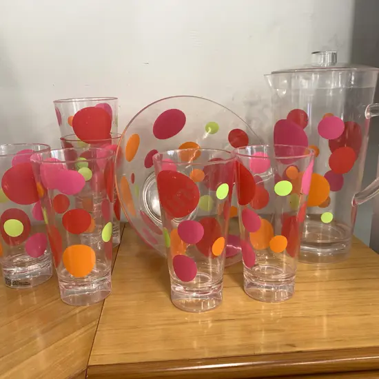 Retro Drinks Set & Salad Bowl Clear With Pink/Orange/Green Spots