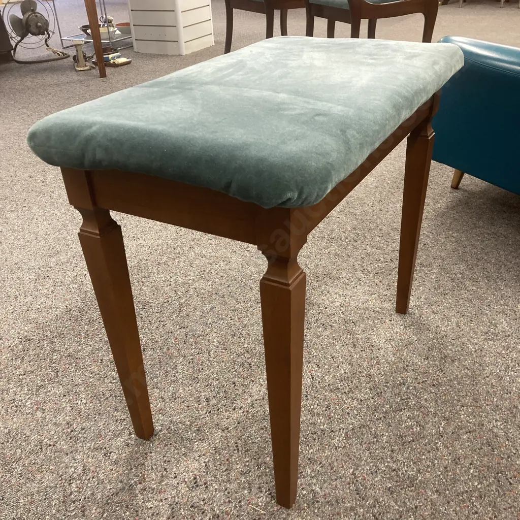 Vintage Mahogany Stool With A Green Fabric Seat, H58 W70 D42cm Image 1++