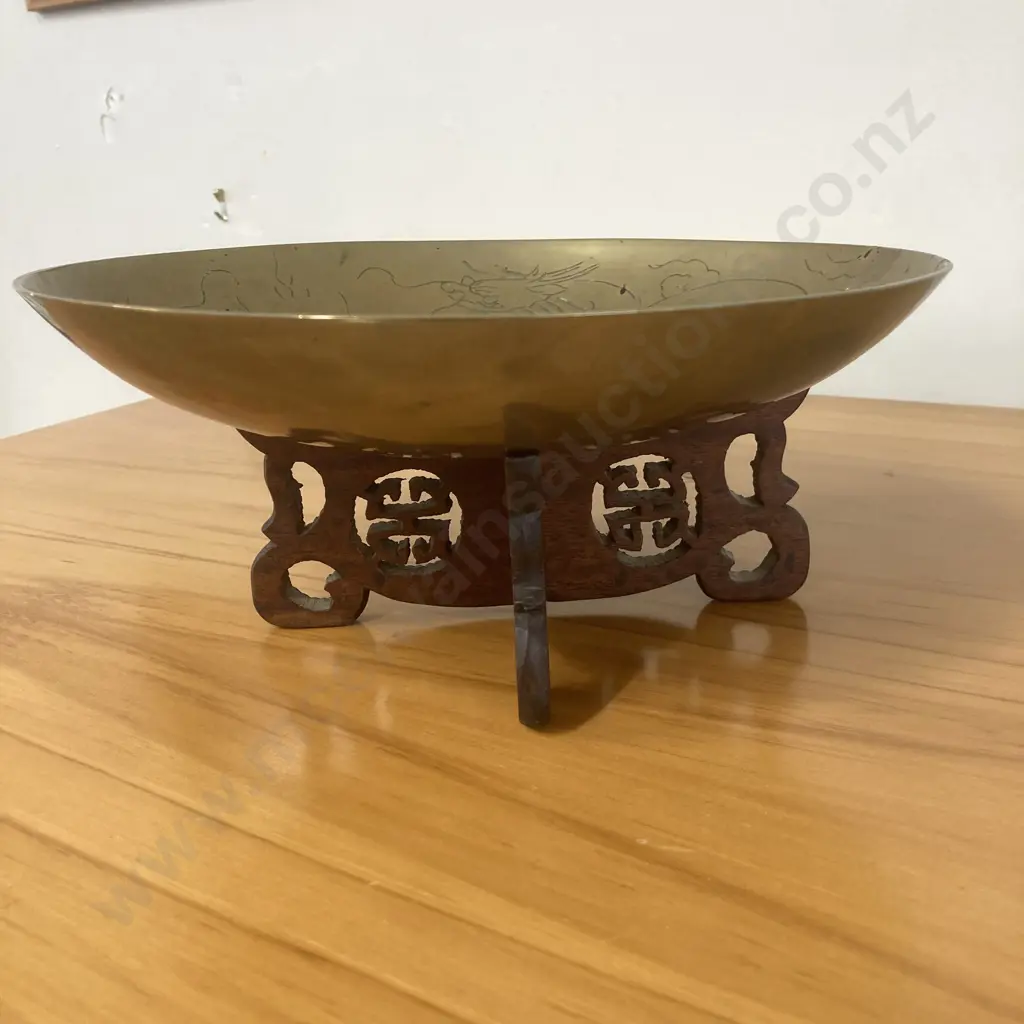 Vintage Chinese Brass Dragon Bowl With Characters On A Carved Rosewood Stand, 11 x 26cm Image 1++