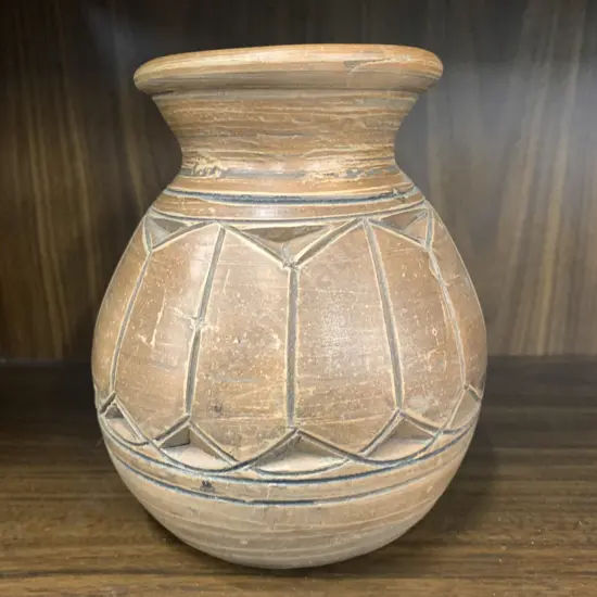 Vintage Brown Pottery Vase With An Overall Incised Pattern, H18cm