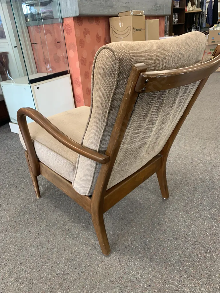 Original Retro Mahogany Framed Chair With Button Back, Mocha Upholstery Image 1++