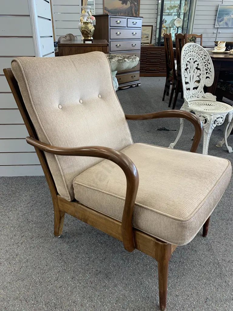 Original Retro Mahogany Framed Chair With Button Back, Mocha Upholstery Image 1++