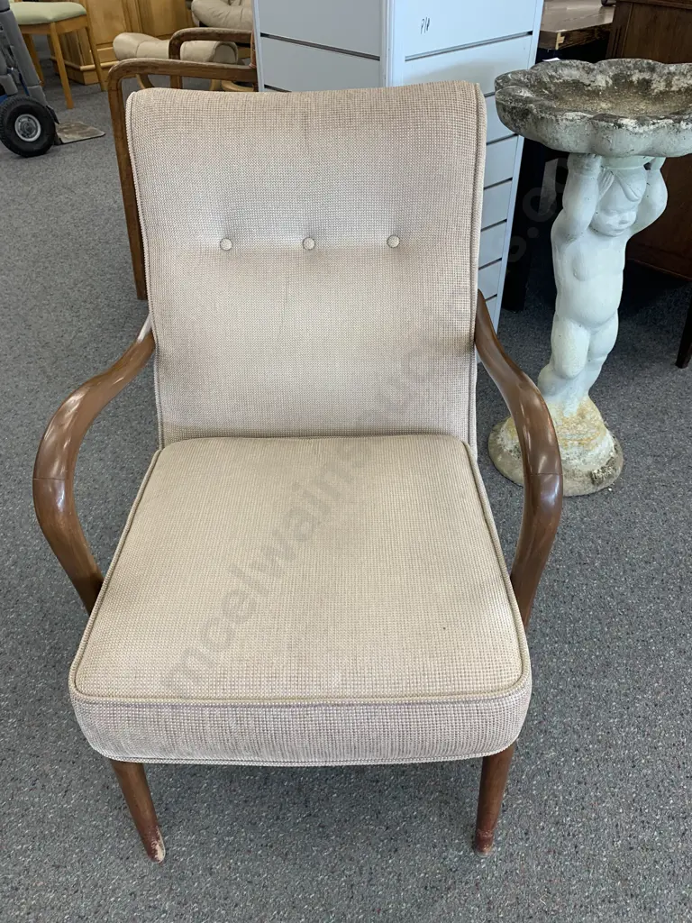 Original Retro Mahogany Framed Chair With Button Back, Mocha Upholstery Image 1++