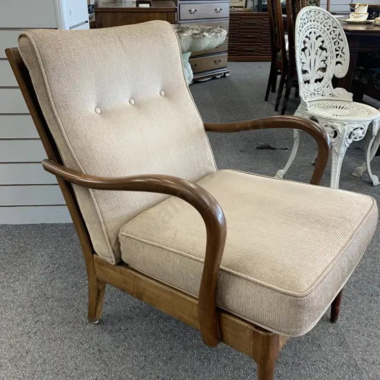Original Retro Mahogany Framed Chair With Button Back, Mocha Upholstery