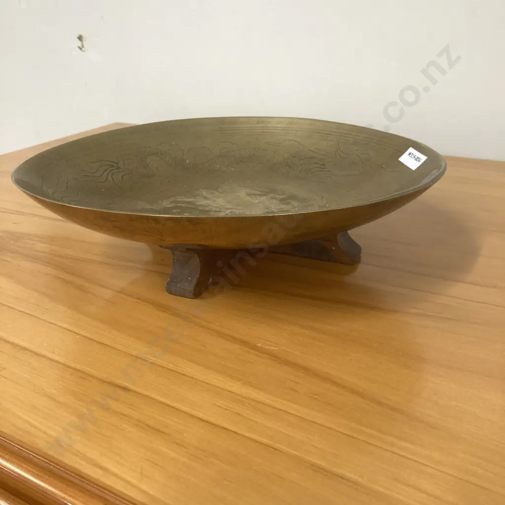 Vintage Large Chinese Brass Shallow Bowl With Dragon & Chinese Characters On A  Wooden Stand, 7.5 x 27.5cmcm Image 1++