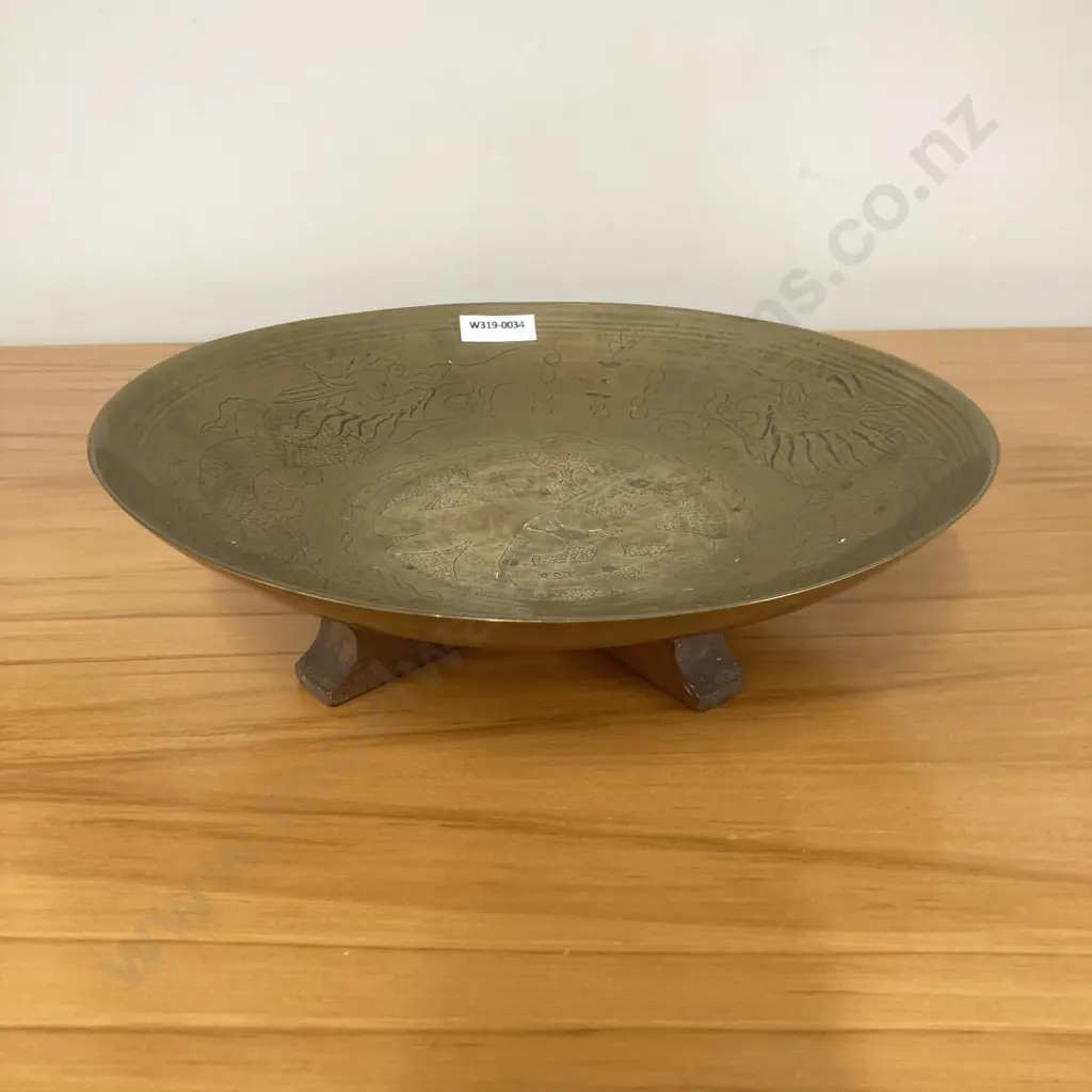 Vintage Large Chinese Brass Shallow Bowl With Dragon & Chinese Characters On A  Wooden Stand, 7.5 x 27.5cmcm Image 1++