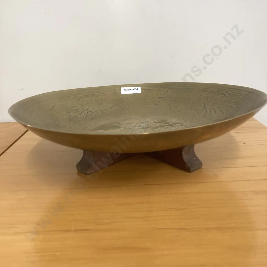 Vintage Large Chinese Brass Shallow Bowl With Dragon & Chinese Characters On A  Wooden Stand, 7.5 x 27.5cmcm Image 1++