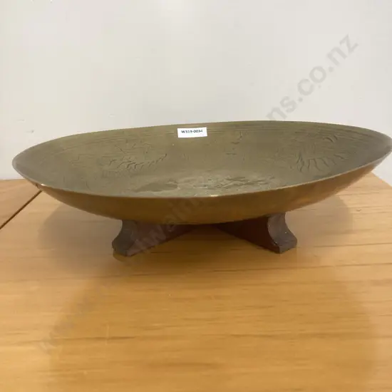 Vintage Large Chinese Brass Shallow Bowl With Dragon & Chinese Characters On A  Wooden Stand, 7.5 x 27.5cmcm