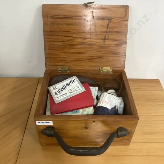 Vintage First Aid Kit In Small Wooden Case With Steel Handle, H11 W20 D16cm