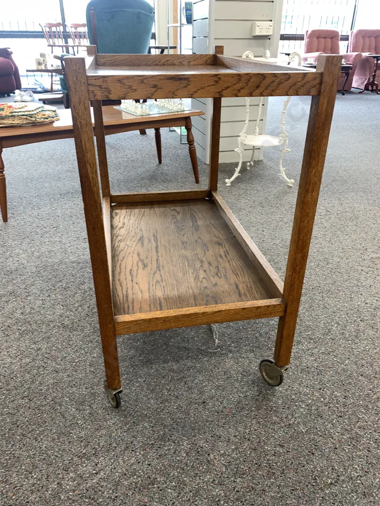 Vintage Oak 2 Tier Tea Trolley, Mobile, H78 W78 D44cm Image 1++