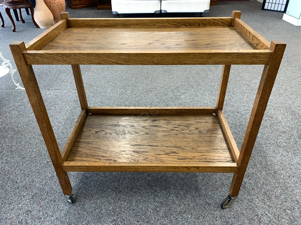 Vintage Oak 2 Tier Tea Trolley, Mobile, H78 W78 D44cm Image 1++