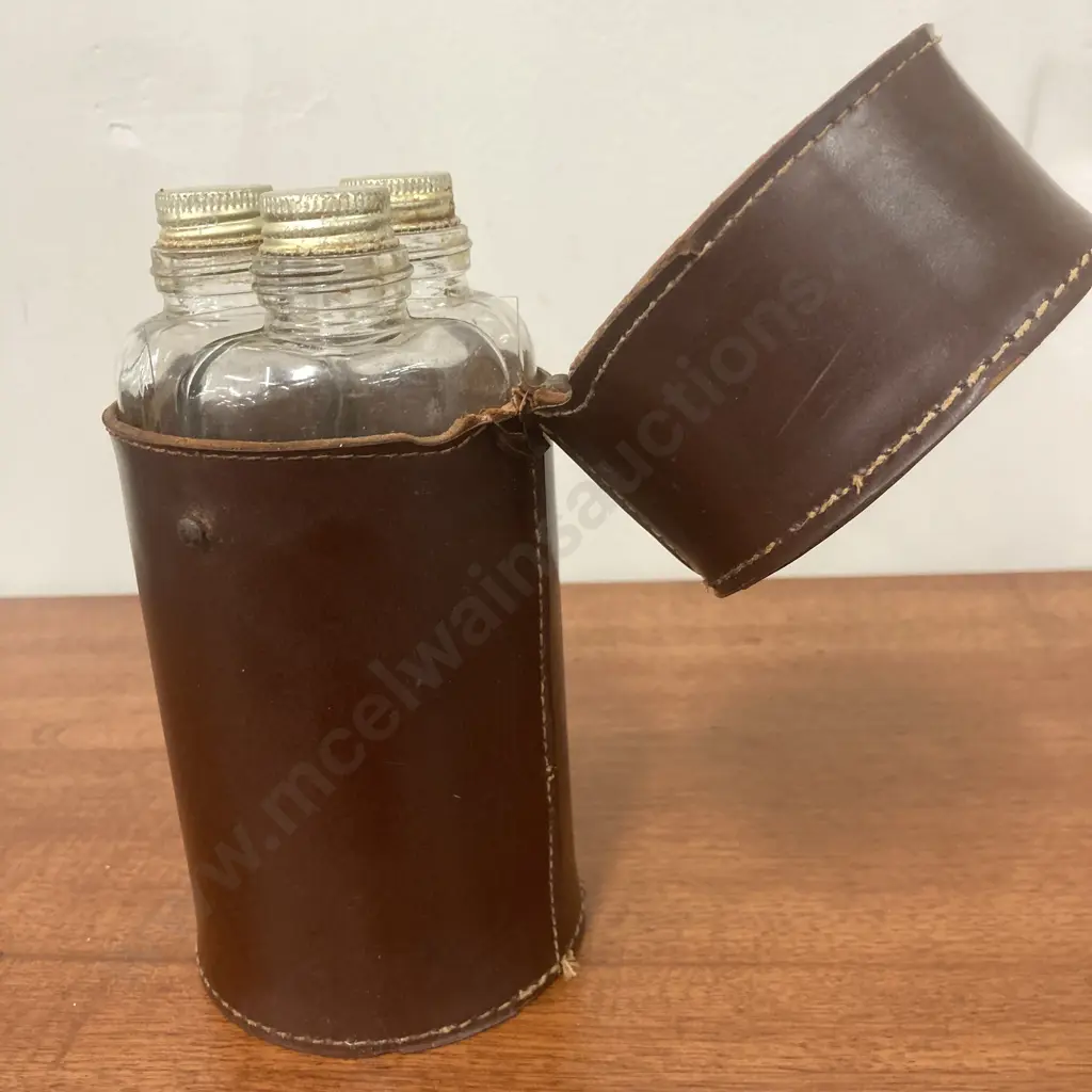 Vintage Triple Hip Flask In Leather Branded Grant's & Glenfiddich Case Made In England (No Handle) H19cm Image 1++