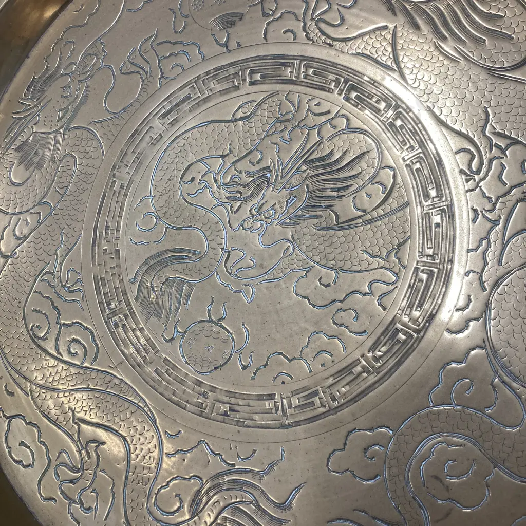 Heavy Vintage Chinese Dragon Brass Tray On A Rosewood Plate Stand, 2 x 31cm Image 1++