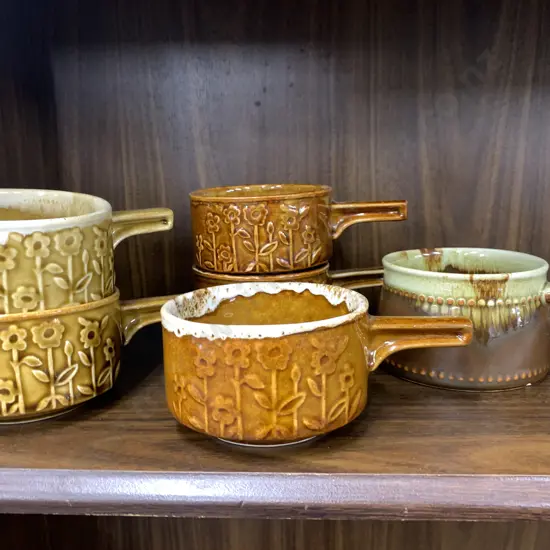 Assortment Of Handled Crown Lynn Soup Bowls, (#1272, 1187 Etc)