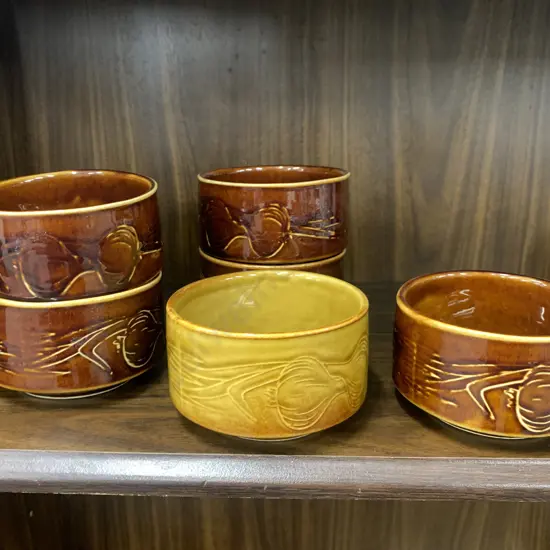 Assortment of Six Crown Lynn Garlic or Onion Soup Bowls, Honey Glaze, #1198