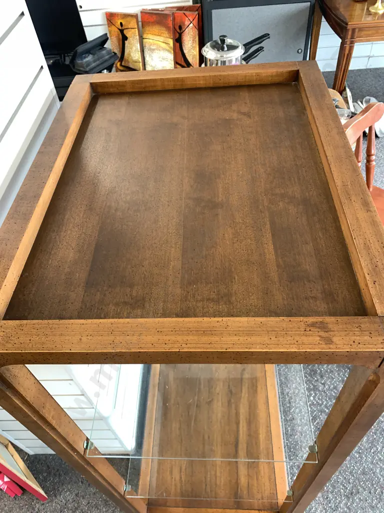 Mid Century Oak Rectangular Display Unit With 2 Glass Shelves, H125 W68 D52cm Image 1++
