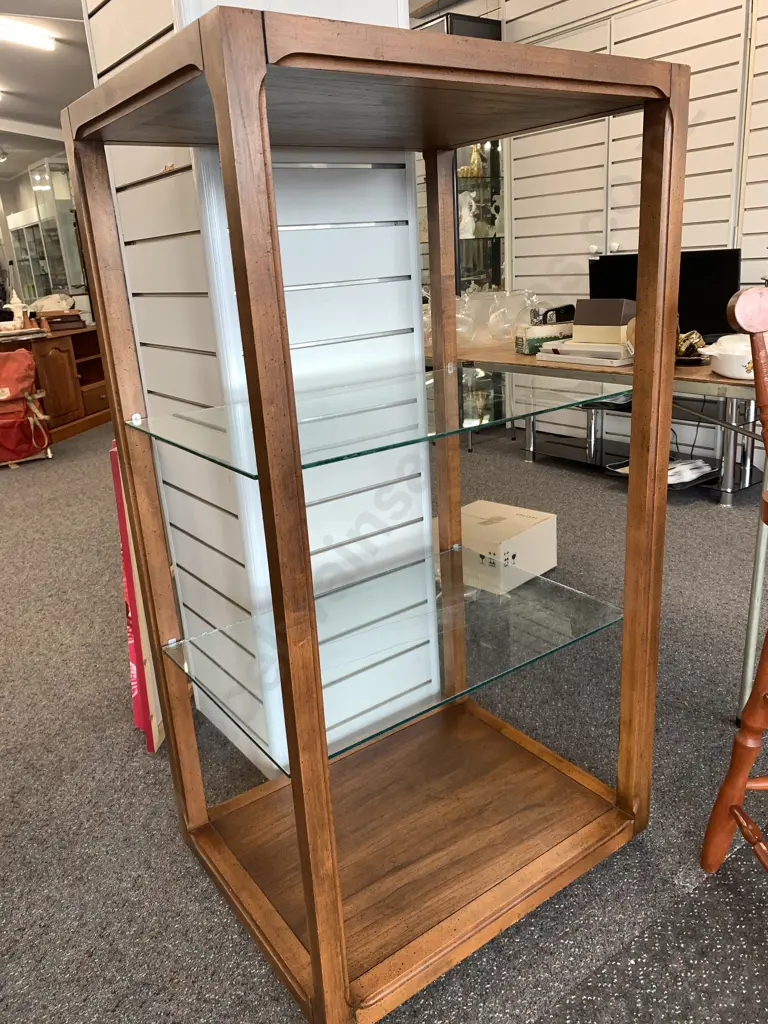Mid Century Oak Rectangular Display Unit With 2 Glass Shelves, H125 W68 D52cm Image 1++