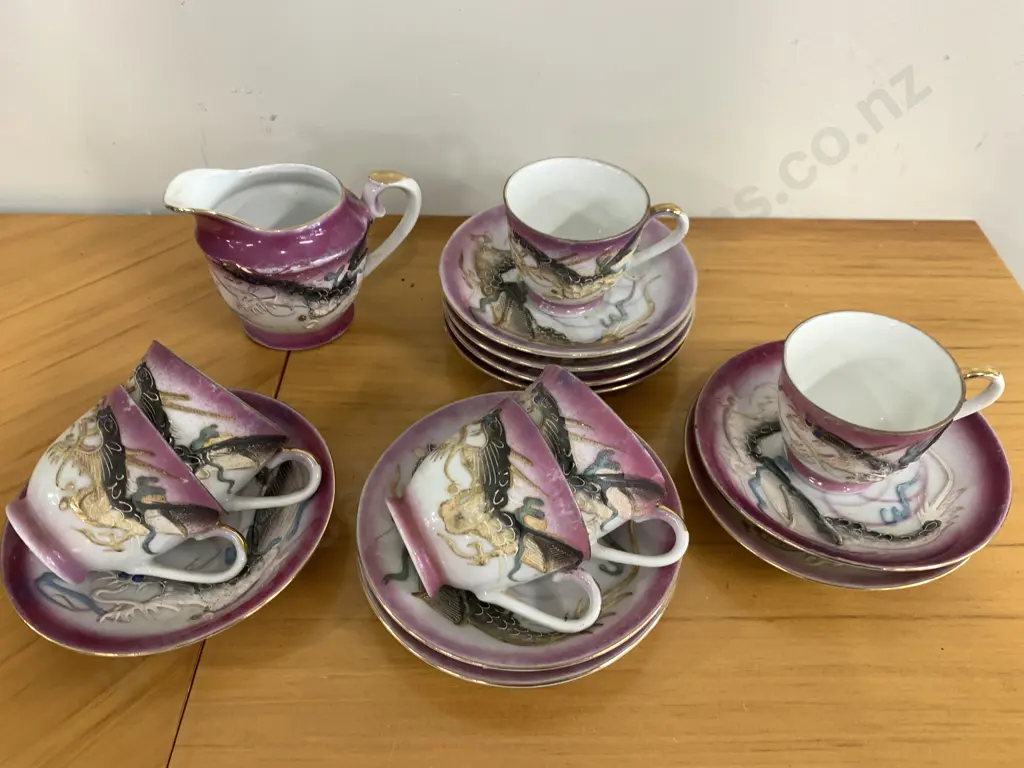 Mid Century Dragon Ware Demi Cups & Saucers With Creamer, Lucky Marked On Base Image 1++