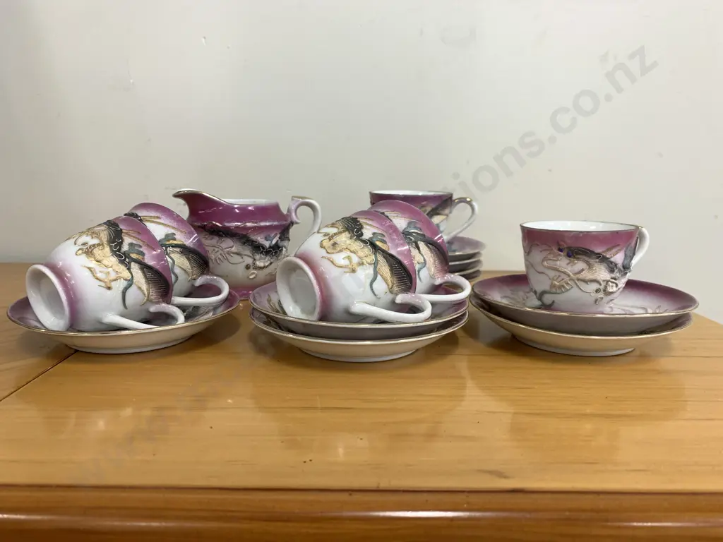 Mid Century Dragon Ware Demi Cups & Saucers With Creamer, Lucky Marked On Base Image 1++