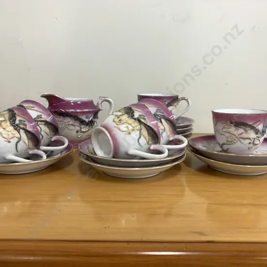 Mid Century Dragon Ware Demi Cups & Saucers With Creamer, Lucky Marked On Base