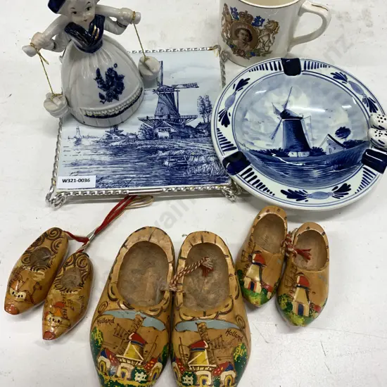 Assortment of Dutch Items Including Clogs, Bell, Ashtray Etc With English Mug (af to figurine )
