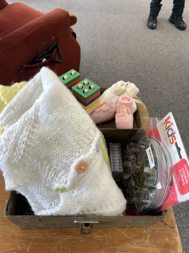 Vintage Kids Cardboard Suitcase, Assorted Knitted Baby Garments, Wooden Puzzle Etc Image 1++