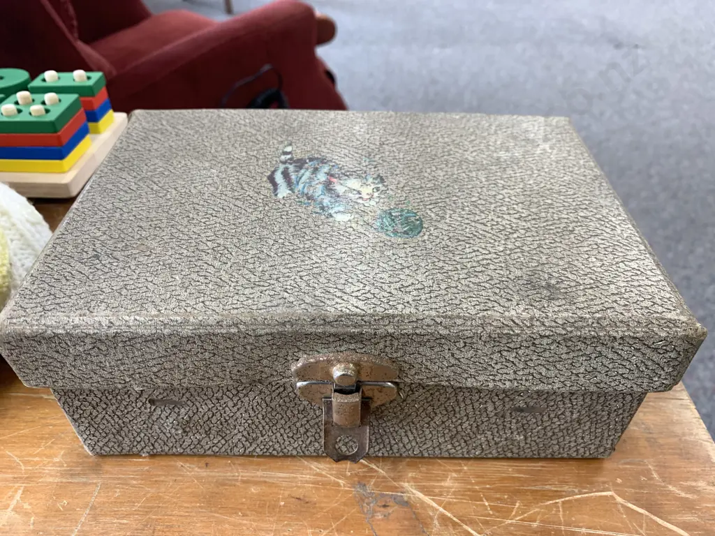 Vintage Kids Cardboard Suitcase, Assorted Knitted Baby Garments, Wooden Puzzle Etc Image 1++