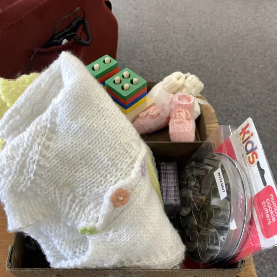 Vintage Kids Cardboard Suitcase, Assorted Knitted Baby Garments, Wooden Puzzle Etc