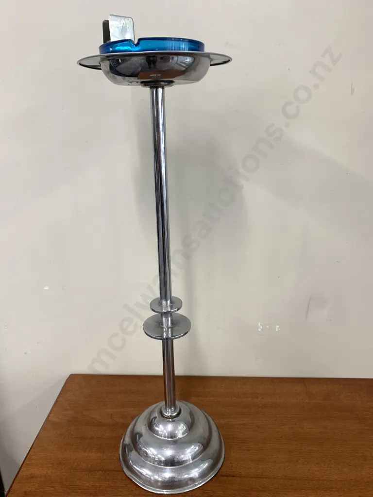 Art Deco Floor Standing Ashtray With Match Holder, Blue Glass Ashtray, H70cm Image 1++