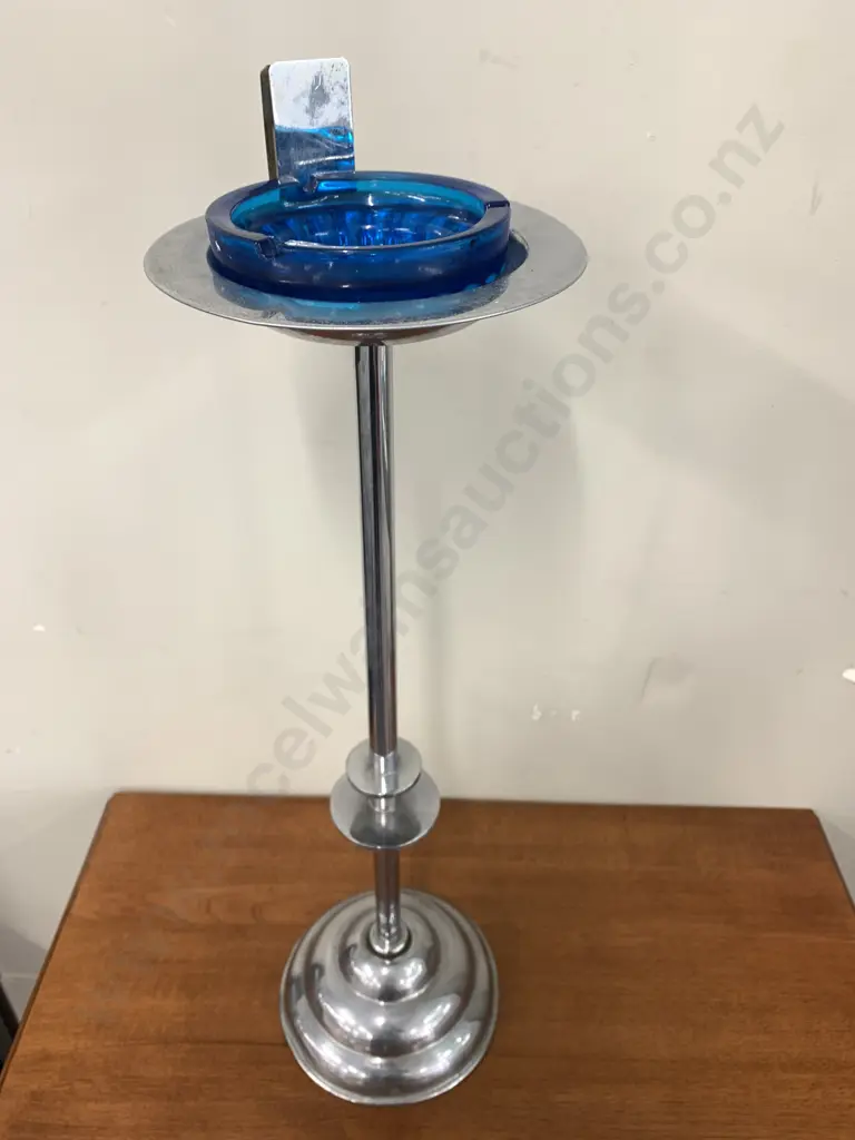 Art Deco Floor Standing Ashtray With Match Holder, Blue Glass Ashtray, H70cm Image 1++