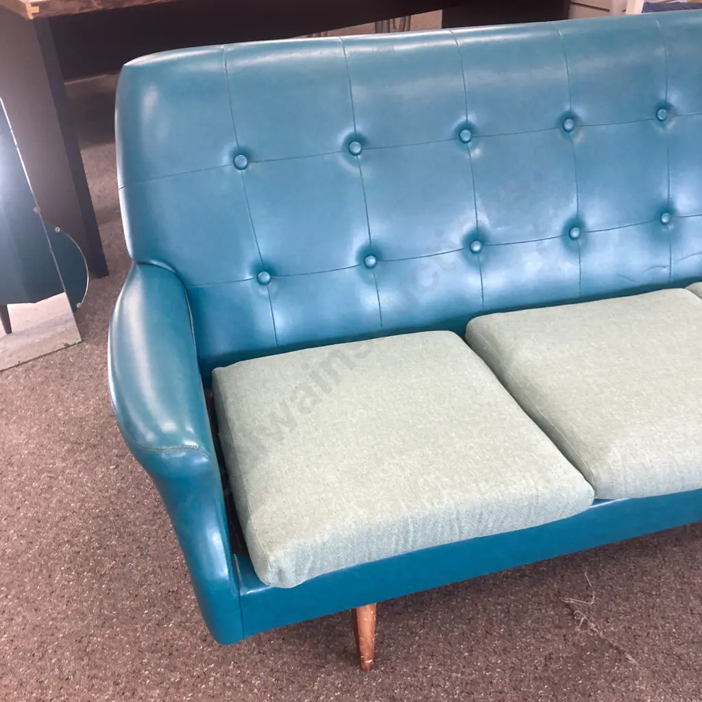 Retro 1970s Turquoise Vinyl Button Back 4 Seater Sofa, H80 W222 D83cm Image 1++