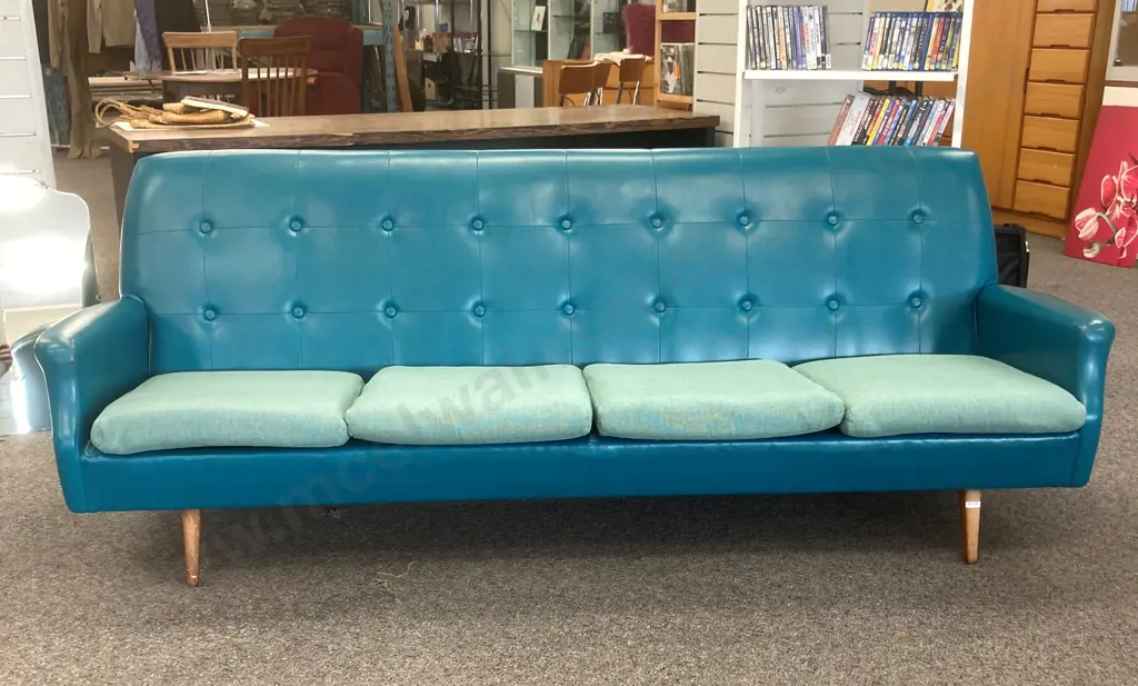 Retro 1970s Turquoise Vinyl Button Back 4 Seater Sofa, H80 W222 D83cm Image 1++