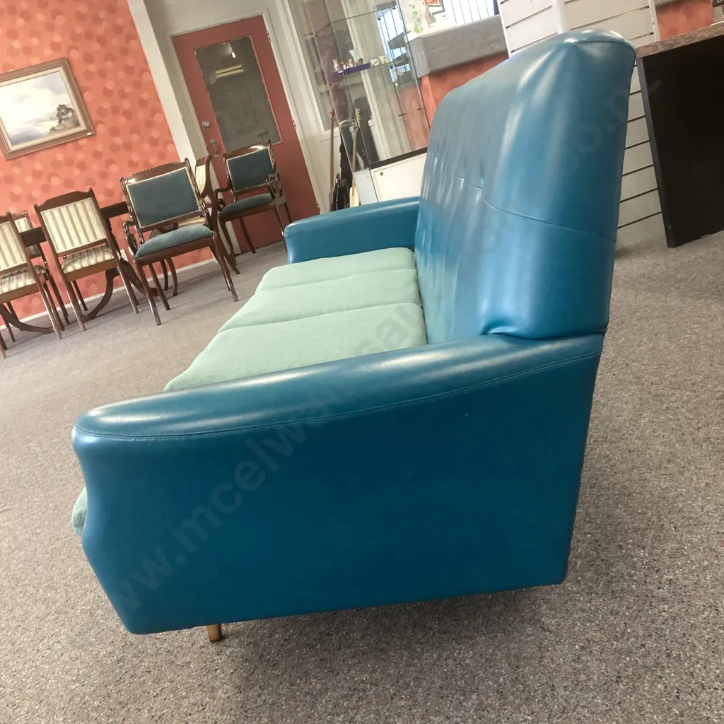 Retro 1970s Turquoise Vinyl Button Back 4 Seater Sofa, H80 W222 D83cm Image 1++