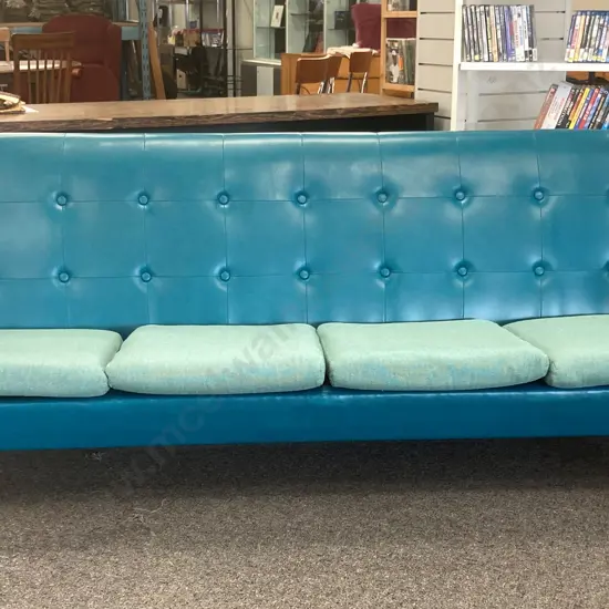 Retro 1970s Turquoise Vinyl Button Back 4 Seater Sofa, H80 W222 D83cm