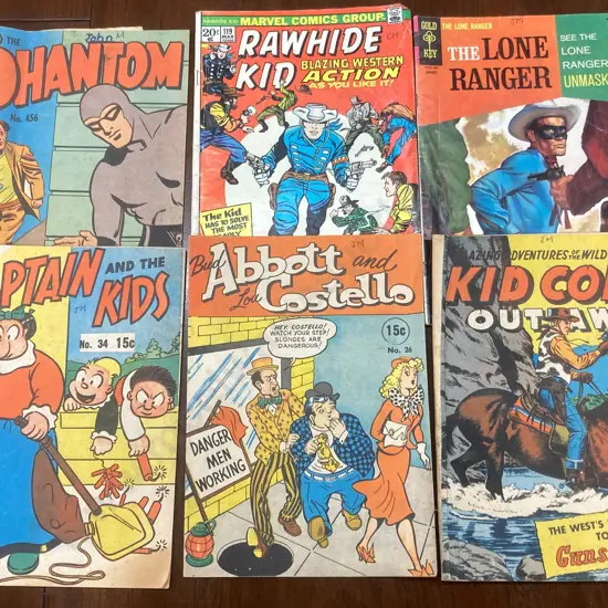 Vintage Comics, Abbott & Costello #26, Captain & The Kids #34, Gold Key The Lone Ranger, Marvel Rawhide Kid 119 Etc