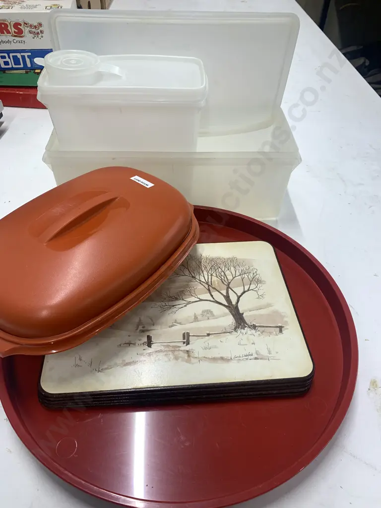Vintage Items Including Tupperware, Placemats, Round Red Tray Etc Image 1++