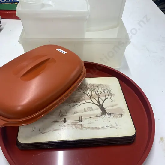 Vintage Items Including Tupperware, Placemats, Round Red Tray Etc