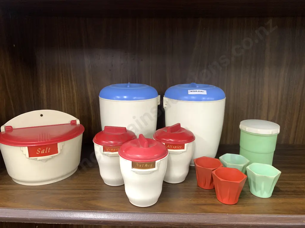 Bristolite Ware Canisters, Wall Mount Salt Container, Spice Containers, Peter Pan Egg Cups Etc Image 1++